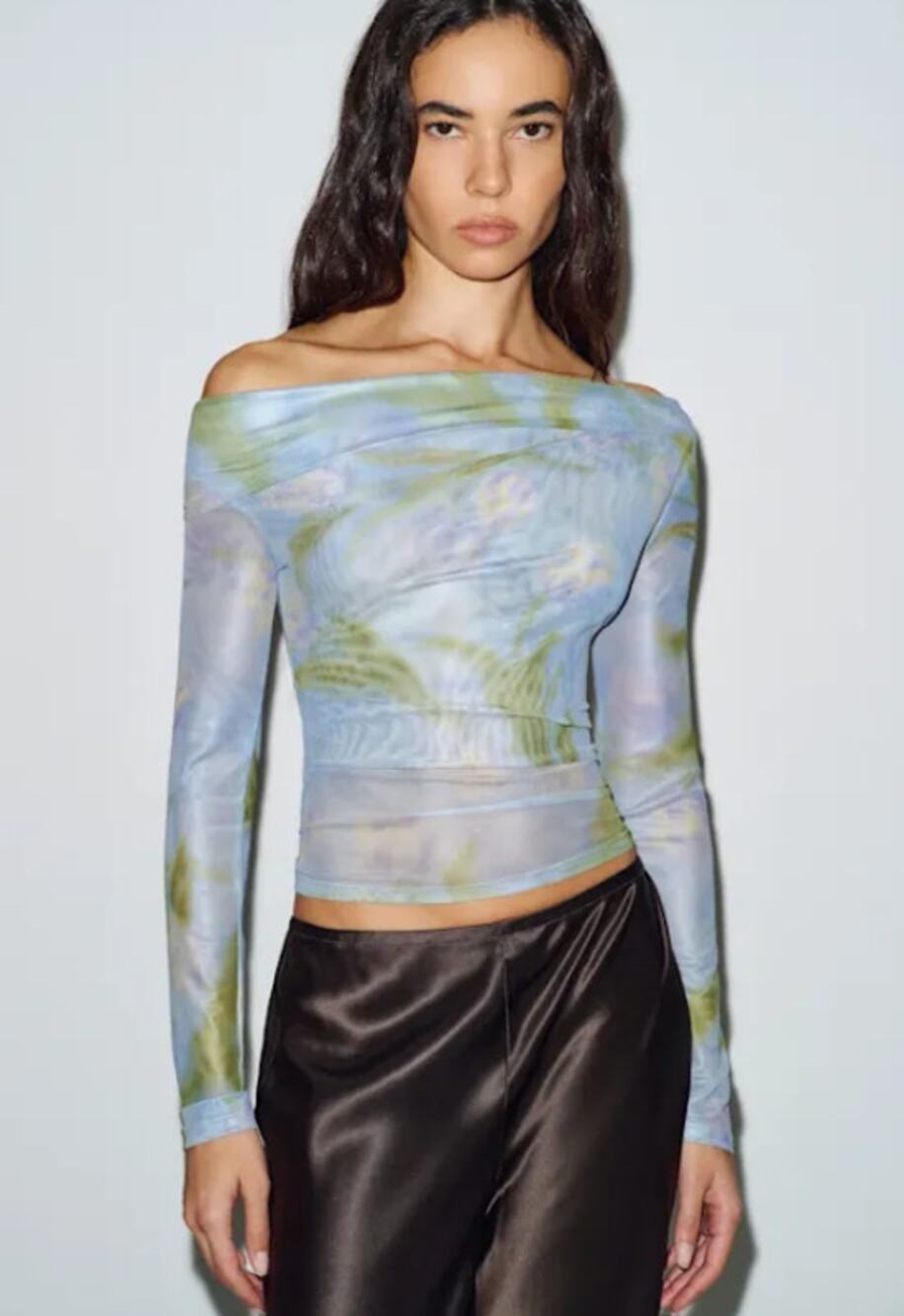 REFORMATION Elio Knit Top Floral Off The Shoulder Sheer Mesh Long Sleeve Blouse